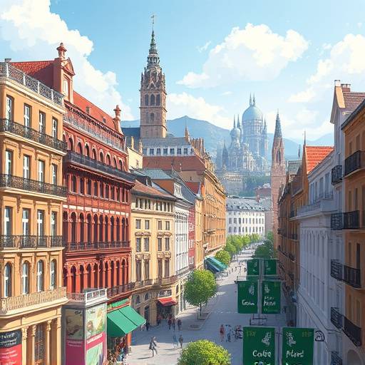 Illustratie van een stadstafereel voor een toeristische brochure.